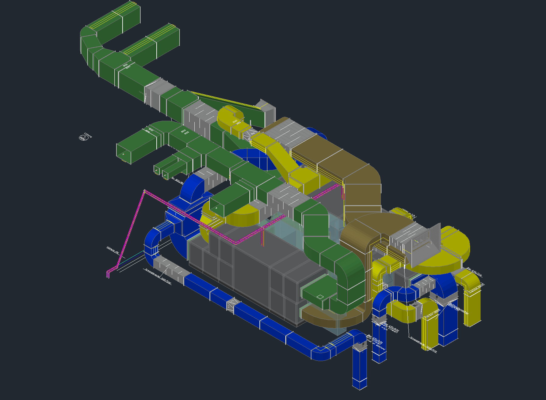 3D-CAD-Modell einer Lüftungsanlage mit farblich gekennzeichneten Luftkanälen und Komponenten. Die Darstellung zeigt komplexe Rohr- und Kanalstrukturen für Heizungs-, Lüftungs- und Klimatechnik (HLK).