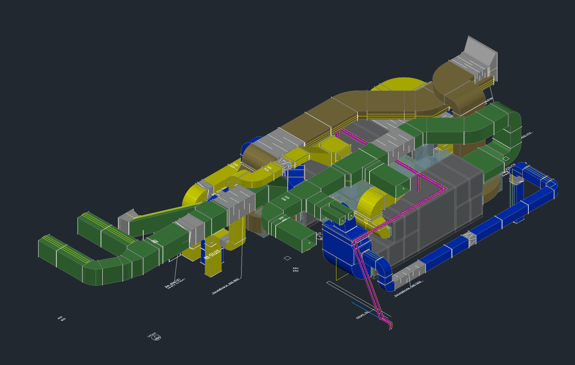 3D-CAD-Modell einer Lüftungsanlage für Gebäudetechnik. Darstellung von Luftkanälen, Rohrleitungen und Komponenten in verschiedenen Farben zur Visualisierung der Lüftungsplanung. Ideal für HVAC-Systeme, technische Gebäudeausrüstung und industrielle Lüftungskonzepte.